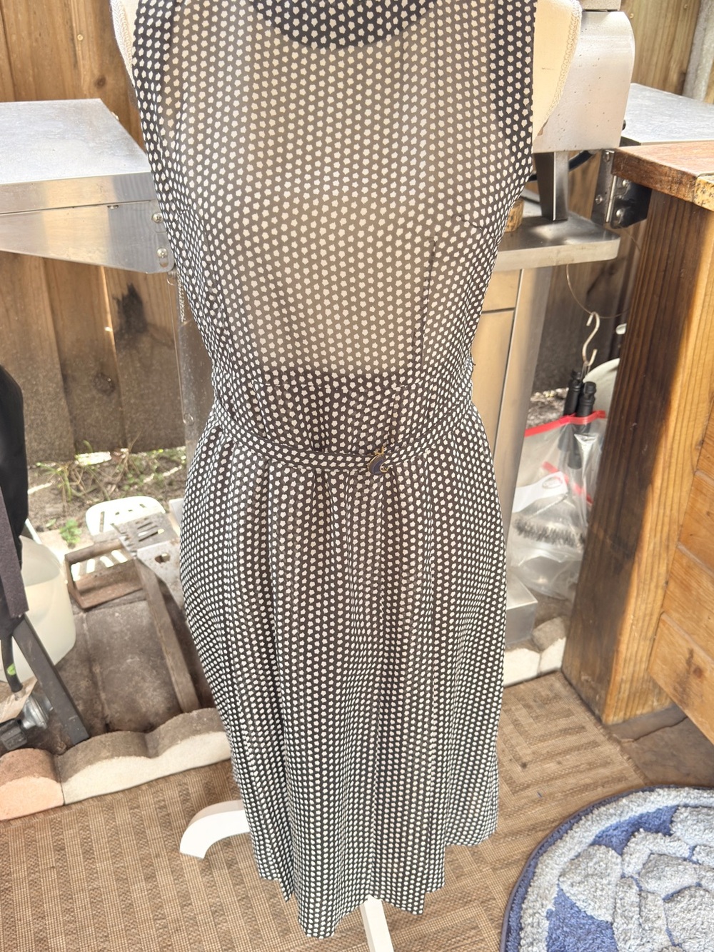 Vintage Japanese Polka Dot Midi Dress Belted Sheer Overlay Retro Minimalist sz11